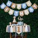 DCJHFJ Felt Khaki Blue Happy Birthday High Chair Banner Pre-Strung Birthday Hanging Decoration for 1st Birthday Decorations Boy