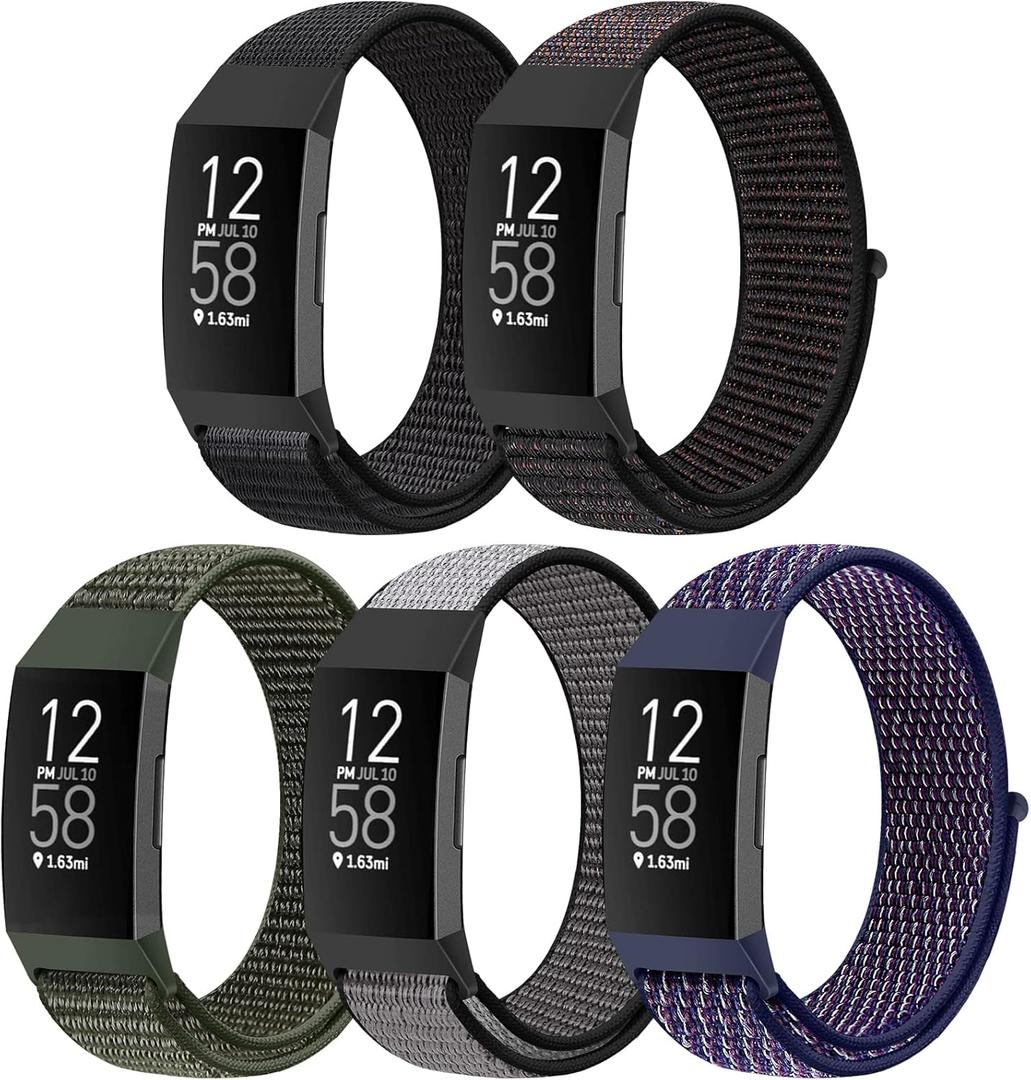 Nylon Watch Bands Compatible with Fitbit Charge 4/Charge 3/SE, Soft Replacement Wristband Breathable Sport Strap with Band for Women Men (Dark Black+Official Black+Navy Green+Iron Grey+Indigo)
