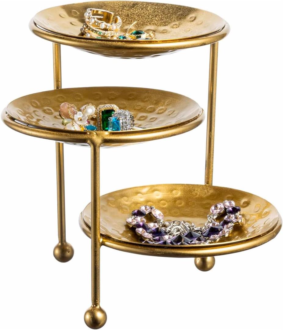 MyGift 3 Tier Jewelry Dish Organizer - Hammered Brass Plated Metal Ring Tray, Decorative Earring, Necklace, Bracelet Storage Display Tower - Handcrafted in India