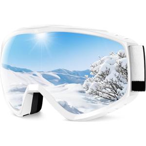 findway OTG Ski Goggles - Over Glasses Snow Snowboard Goggles for Men Women Adult & Youth - Anti-Fog 100% UV Protection (White Frame-sliver -Vlt-10.2%)