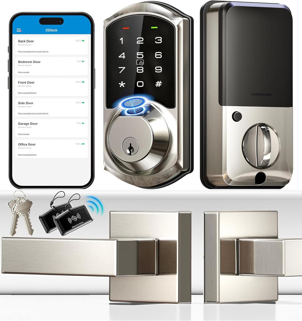 Veise Fingerprint Smart Locks for Front Door with 2 Lever Handle Set, App Control, Keyless Entry, Electronic Digital Keypad Deadbolt, Auto Lock, Waterproof, Easy to Install, Satin Nickel