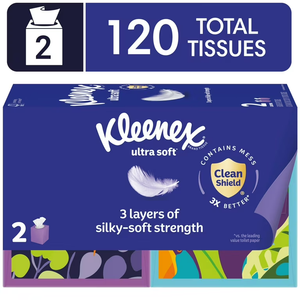 Kleenex Ultra Soft Facial Tissues, 2 Cube Boxes, 60 Tissues per Box, 3-Ply (120 Total), Packaging May Vary (White)