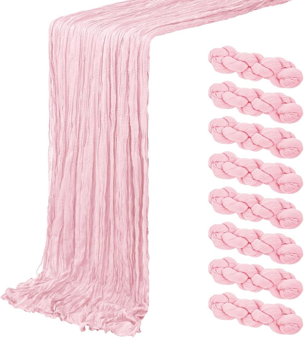 8 Pack Light Pink Cheesecloth Table Runner 20 x 120 inch Gauze Table Runners 10 FT Long, Semi Sheer Boho Cheese Cloth Fabric Table Runner Bulk for Wedding, Party, Baby Shower, Bridal Shower Decoration