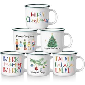 Pickmesh Christmas Coffee Mug Set of 6, Festive Holiday Designs with Nutcracker, Tree Prints  12 oz Ceramic Enamel Cups for Hot Cocoa, Tea, and Seasonal Beverages  Dishwasher & Microwave Safe