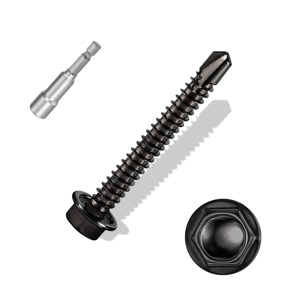 ANCHOREASE #8×1″ Sheet Metal Screws 100Pcs, 410 Stainless Steel Black Self Drilling Screws, Hex Washer Head Fast Self Tapping Screws