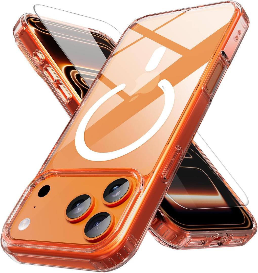 Magnetic for iPhone 17 Pro Max Case with 1 Screen Protector [Mil-Grade Drop Protection] [Compatible with Magsafe] Shockproof Slim Transparent Protective Phone Case, Clear Pink