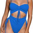 Viottiset Women's Cut Out Drawstring One Piece Swimsuit Cheeky High Cut Bathing Suit, Light Blue. XL