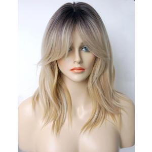 Short Wavy Blonde Wigs ombre for white women medium length wolf -tail wave wig with bangs Synthetic wig Highlight for white Women (Blonde Mixed 3165)