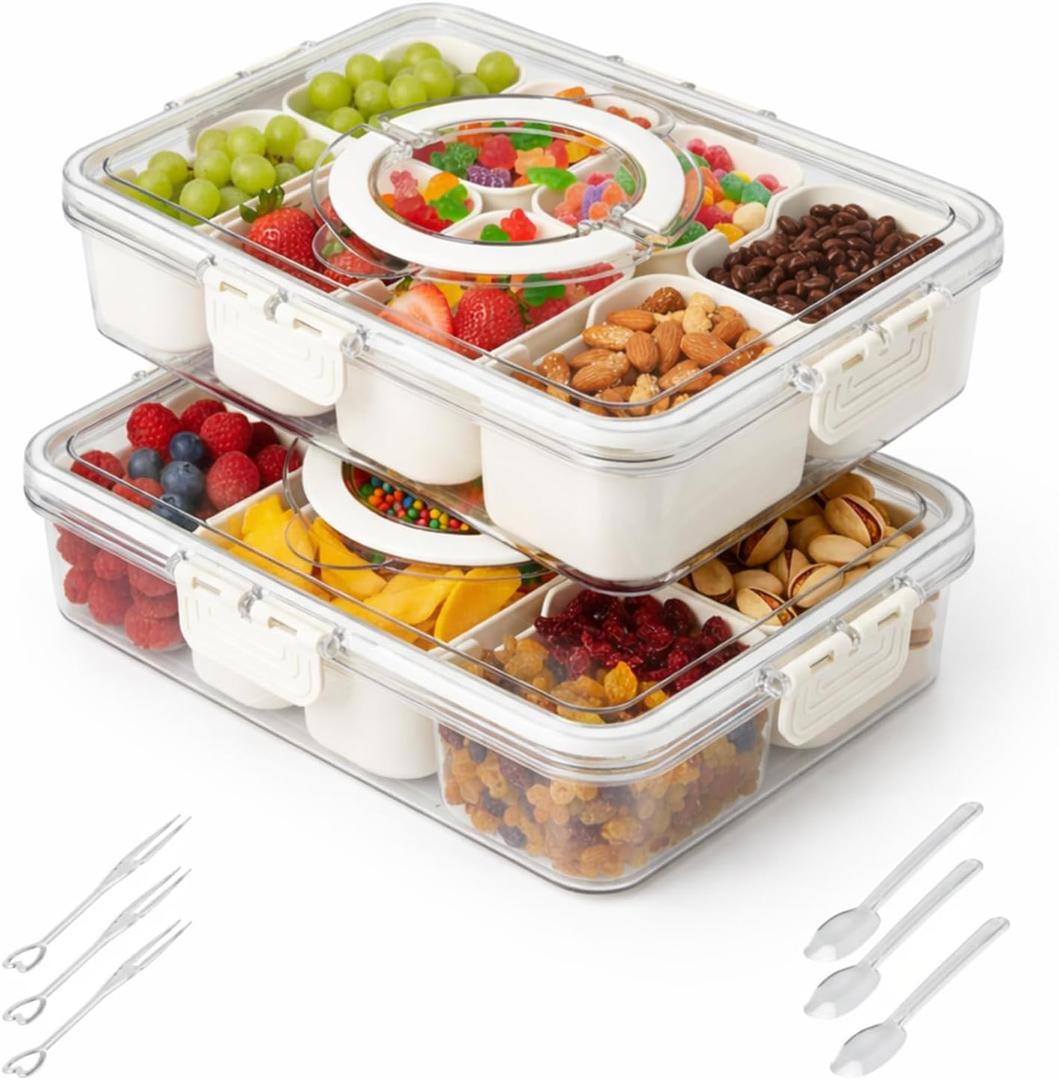 Divided Serving Tray with Lid, 2 Pack Snackle Box Container, 8 Compartment Snack Box with 3 Spoons & 3 Forks, Reusable Snack Tray for Travel, Parties & Daily Use