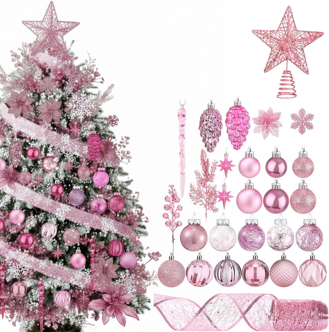 Realspring 100 Pcs Christmas Tree Decoration Set Christmas Hanging Ornaments Balls Glitter Flowers Star Toppers Snowflakes Ribbons Xmas Ornaments for Home Tree Party Decor (Glitter Pink)