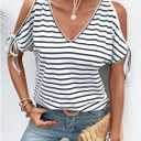 Verdusa Women's Bow Tie Cold Shoulder Striped Graphic Tees Summer Tunic Going Out Tops Small