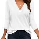 Bliwov Womens Fall Tops V Neck 3/4 Sleeve Outfits Loose Fit Soft Plus Size Clothes Business Casual Beach Oversize T Shirts (Large)