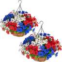 lovemoon 2 Sets Artificial Hanging Pansies Flowers with Baskets, 24 Pcs Faux Patriotic Silk Pansy Outdoor Flower for Porch Patio Garden Home Summer 4th of July Decor (Y/P/W) (2, RedWhiteBlue)