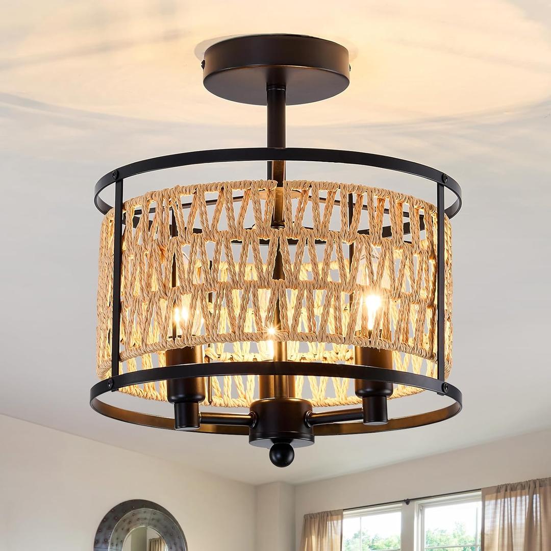 3 Light Rattan Ceiling Light Fixture 11inch Boho Semi Flush Mount Ceiling Light Black Hand-Woven Cage Wicker Chandelier for Farmhouse Bedroom Hallway Entryway Kitchen