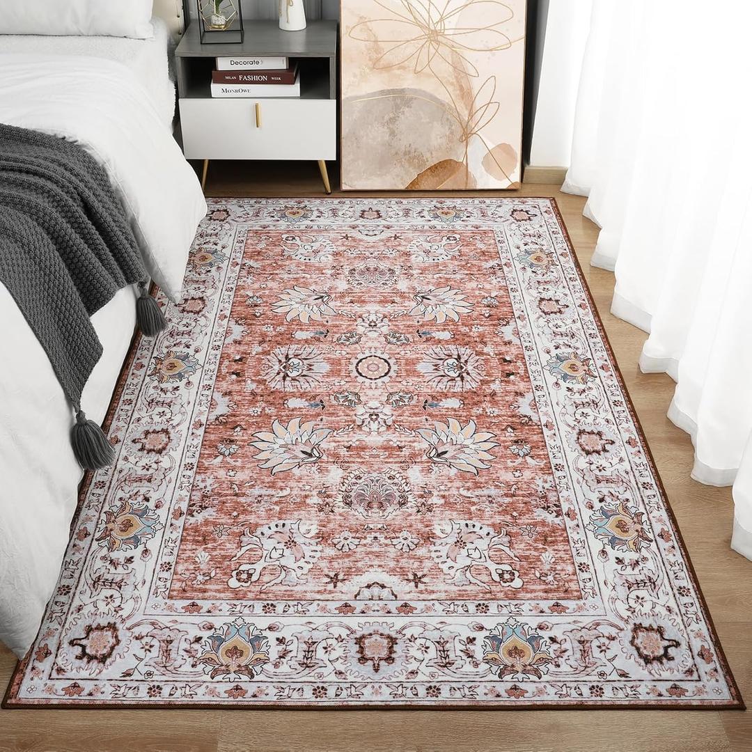 Area Rug 5x7 Rugs for Living Room Bedroom, Boho Washable Rug with Non Slip Stain Resistant, Vintage Floral Carpet for Dining Room Office Home Decor, Brick