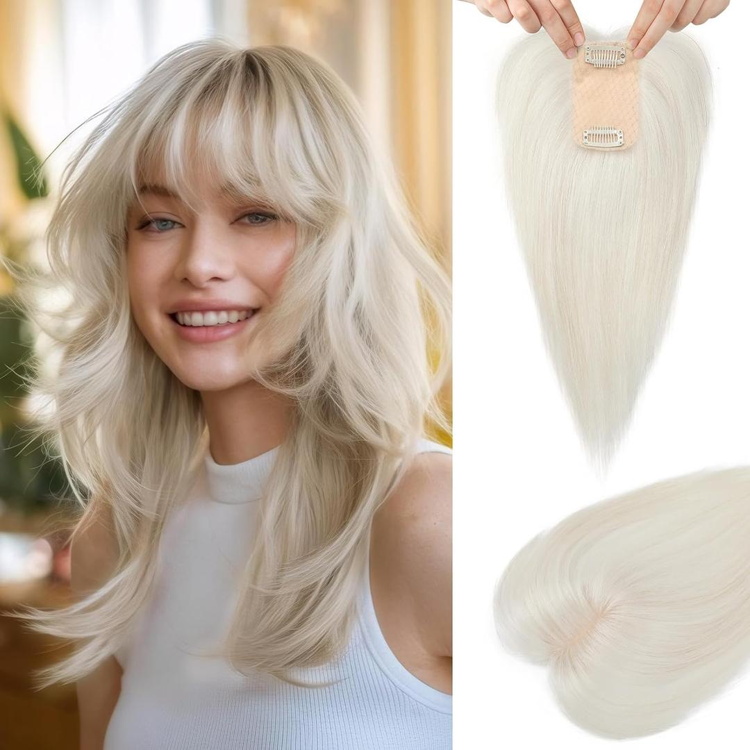 Flufymooz Real Human Hair Toppers for women, 10 Inch Clip in Bangs 100 Human Hair Toppers for Thinning Hair, Cover Hairpiece with 150% Density Silk Base-White Blonde
