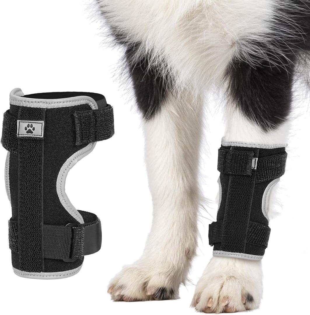 Dog Front Leg Brace with Removable Metal Springs- Adjustable Reflective Ankle Wrap for Dogs, Anti-Slip Reverse-Buckle Design Dog Splint Front Leg for Arthritis, Sprains, Injury Recovery (Black, L)