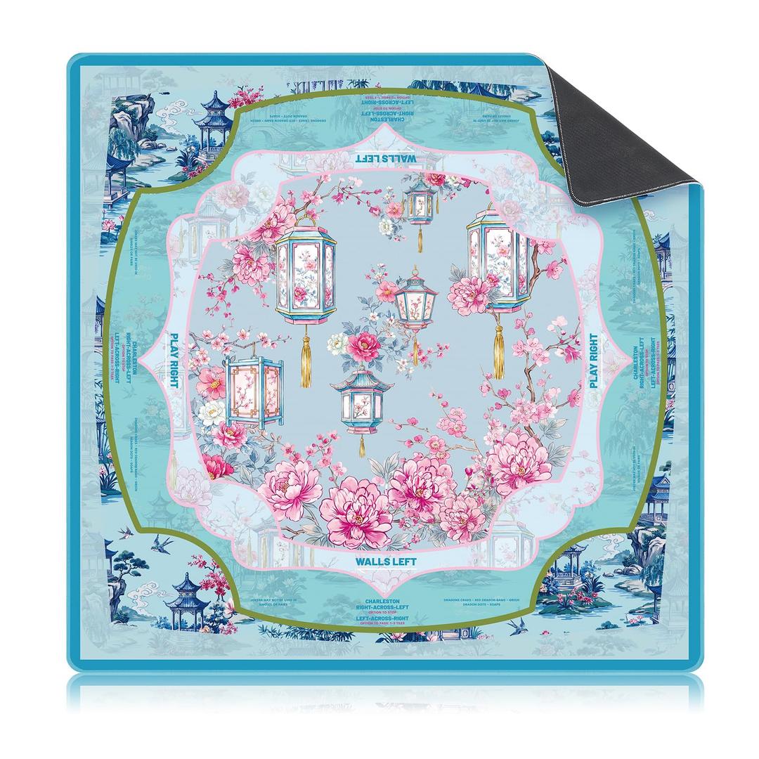 Seenelling Mahjong Mat 31.5" x 31.5" Non-Slip Noise Reduction Mahjong Table Mat Multi Purpose Game Table Cover for Mahj Tiles Board Poker Dominoes Tile Games (Chinoiserie Blue)