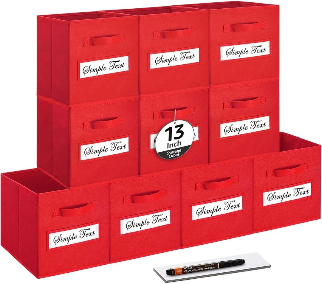 artsdi 13x13x13 storage cube bins(Set of 10) Fabric storage cubes with 10 Labels Window Cards & a Pen, storage cubes 13x13, Collapsible 13 inch cube storage bins, Cubby Organizer Boxes, Red