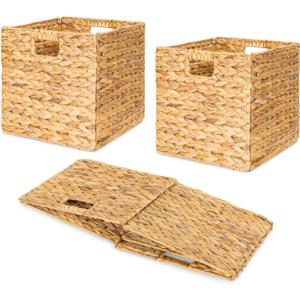 10.5'' Foldable Large Cube Water Hyacinth Wicker Storage Baskets with Handles and Built-in Metal Frame, 2Pcs Stylish and Durable Hand Woven Bin Perfect for Shelves and Living Room Organizing (Set of 2)
