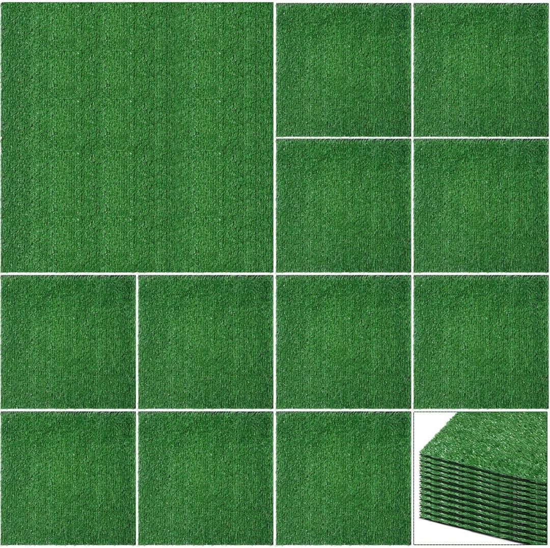 Nuanchu 12 Pieces 12 x 12 Inch Artificial Grass Square Mats Fake Grass Tiles Placemats Turf Patch Table Centerpieces Decor Rug for Crafts Miniature Garden Dollhouse DIY Party Indoor Outdoor, Green (12 x 12 x 0.6 inches)