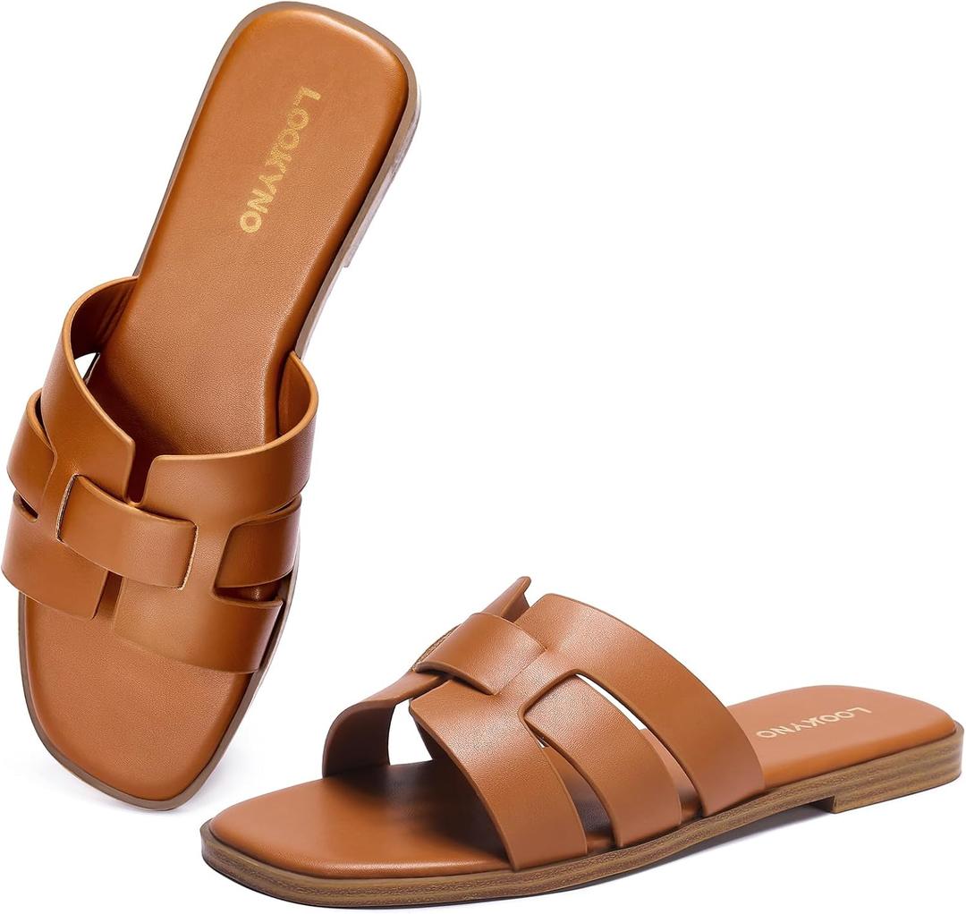 Flat Sandals for Women Comfortable Slip On Dressy Summer Leather Slides with Square Open Toe (9, Brown)
