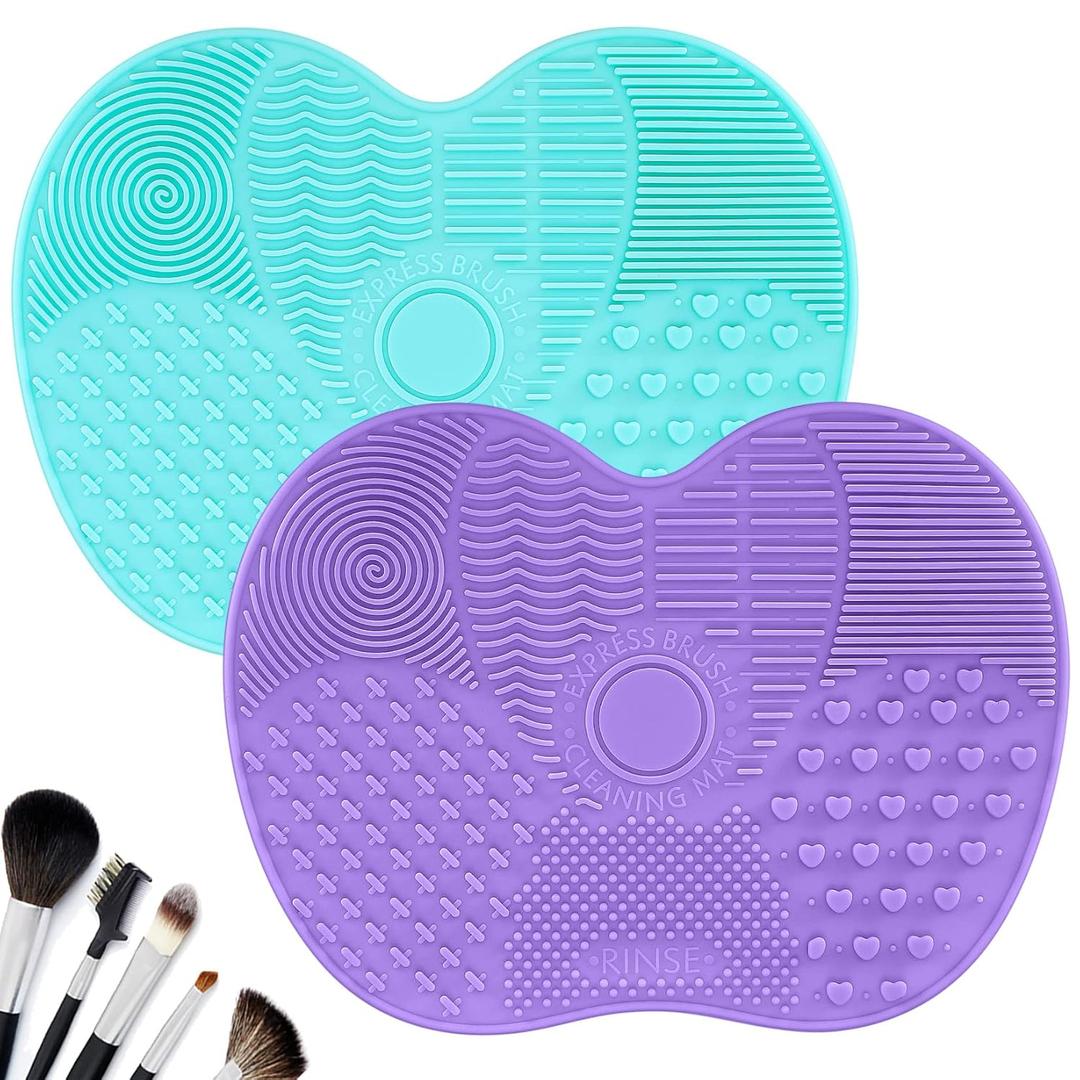 2 Pcs Silicone Make Up Brush Cleaning Mat, Makeup Brush Cleaner Mats, Cosmetic Cleaning Pads, Portable Washing Tool with Suction Cup for Makeup Cosmetic Brushes (Green and Purple)