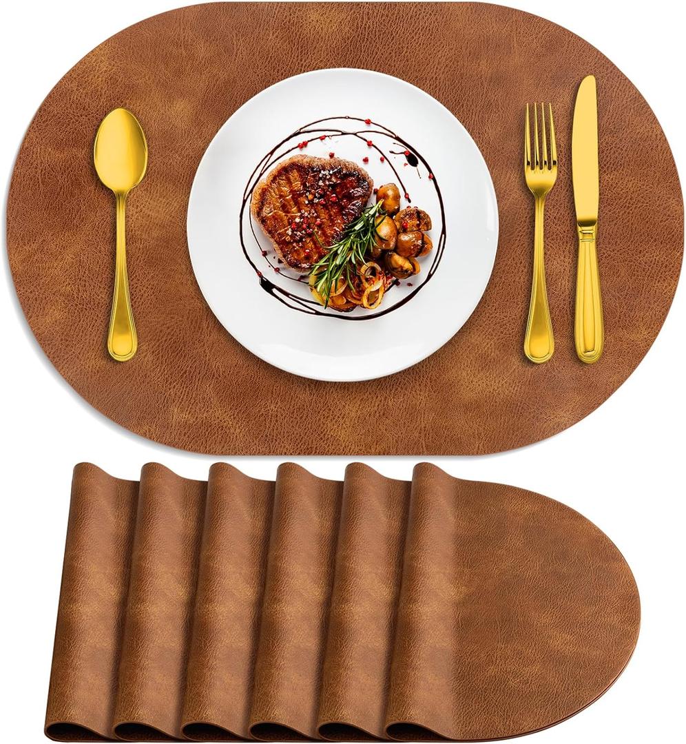 ADRIMER Placemats, Heat Resistant Oval Placemats Set of 6 Washable 12 x 17 Inch, Waterproof Table Mats, Wipeable Pu Place Mats for Kitchen, Dining Room, Turmeric Brown