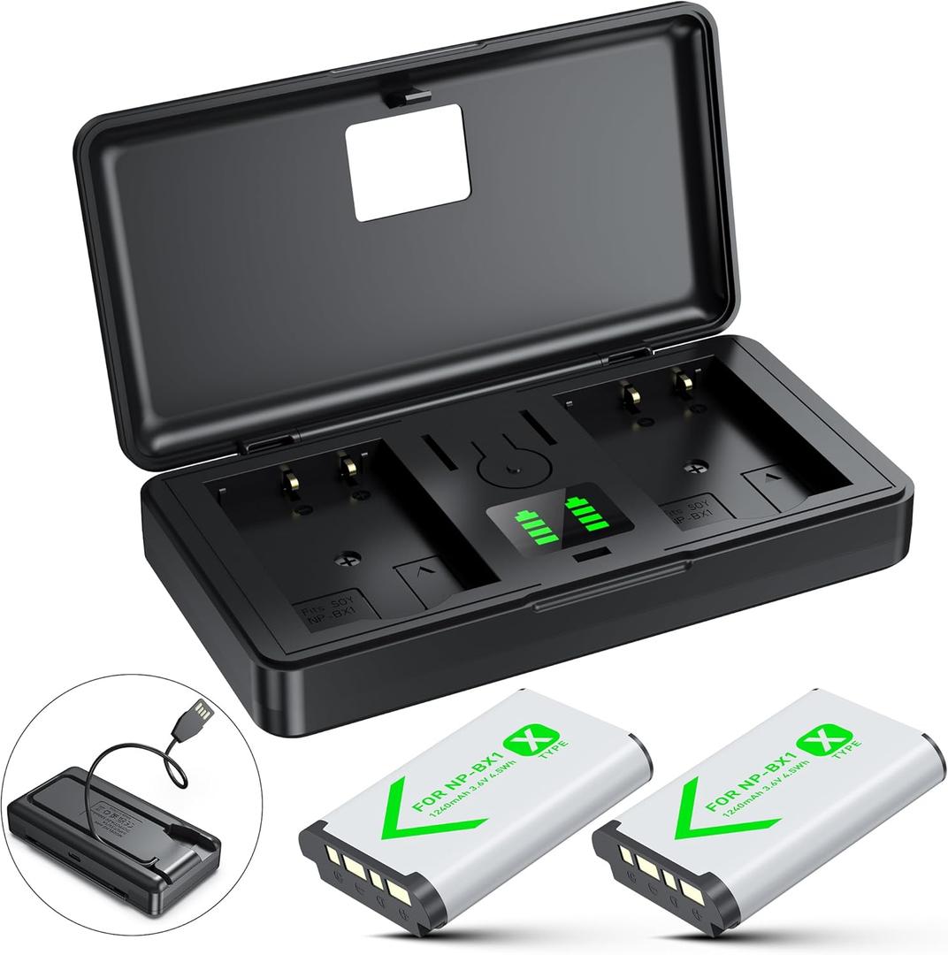 NP-BX1 Battery(2 Pack) and Charger(2CH) Set,Camera Accessories kit for Sony Lithium Ion NP-BX1,RX100 VII/VIII,ZV1 II,ZV1F,ZV-1F,DSC-HX400,RX1 Rechargeable Dual Batteries Case,Replacement Attachments