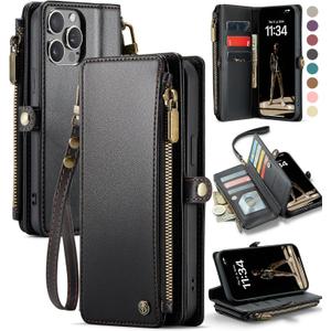 Defencase iPhone 13 Pro Max Case, Elegant Black, RFID Blocking Wallet for Women Men with Card Holder, Zipper, Magnetic Flip, PU Leather, Compatible with Wireless Charging & Kickstand