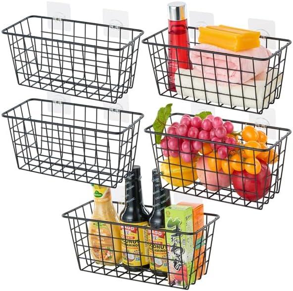 5 Pack Hanging Storage Basket, Bathroom Basket, Household Goods, with Traceless Tape, no Drilling, for Cabinet Storage, Kitchen, Bathroom, Storage Room, Black