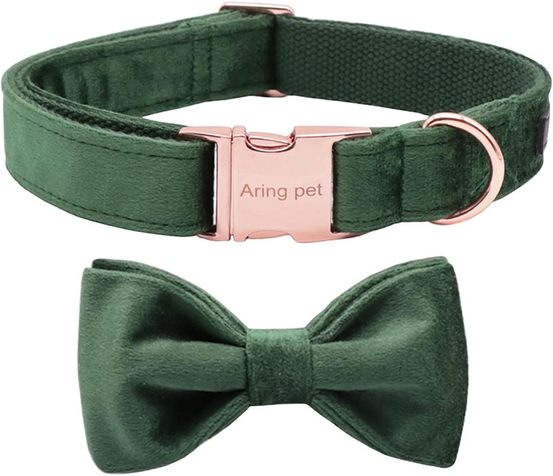 ARING PET Christmas Dog Collars with Bowtie, Cute Xmas Green Velvet Pet Bow Tie Collar with Metal Buckle for Puppy Small Medium Large Boy Girl Dogs-M (Medium (Pack of 1)