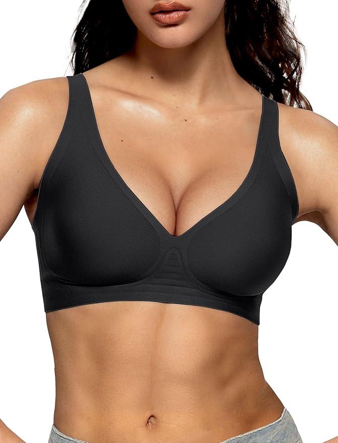 Vertvie Deep V Bras for Women No Underwire Push Up Wireless Bra Comfort Seamless Supportive Bra Racerback Soft Sleep Bralette; S