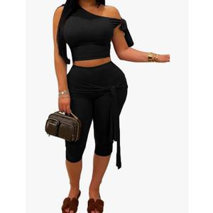 Ecirod Women Sexy Two Piece Outfits Summer One Shoulder Bodycon Shorts Sets Lace Up Slim Crop Top Capri Legging Sets, 2XL