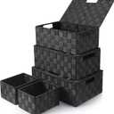 Storage Bins Baskets for Organizing with Lids, Storage Baskets for Shelves Stackable Woven Basket, Gift Small Basket Storage Cubes, Decorative Wicker Basket with Built-in Handles (5 Pack, Black)