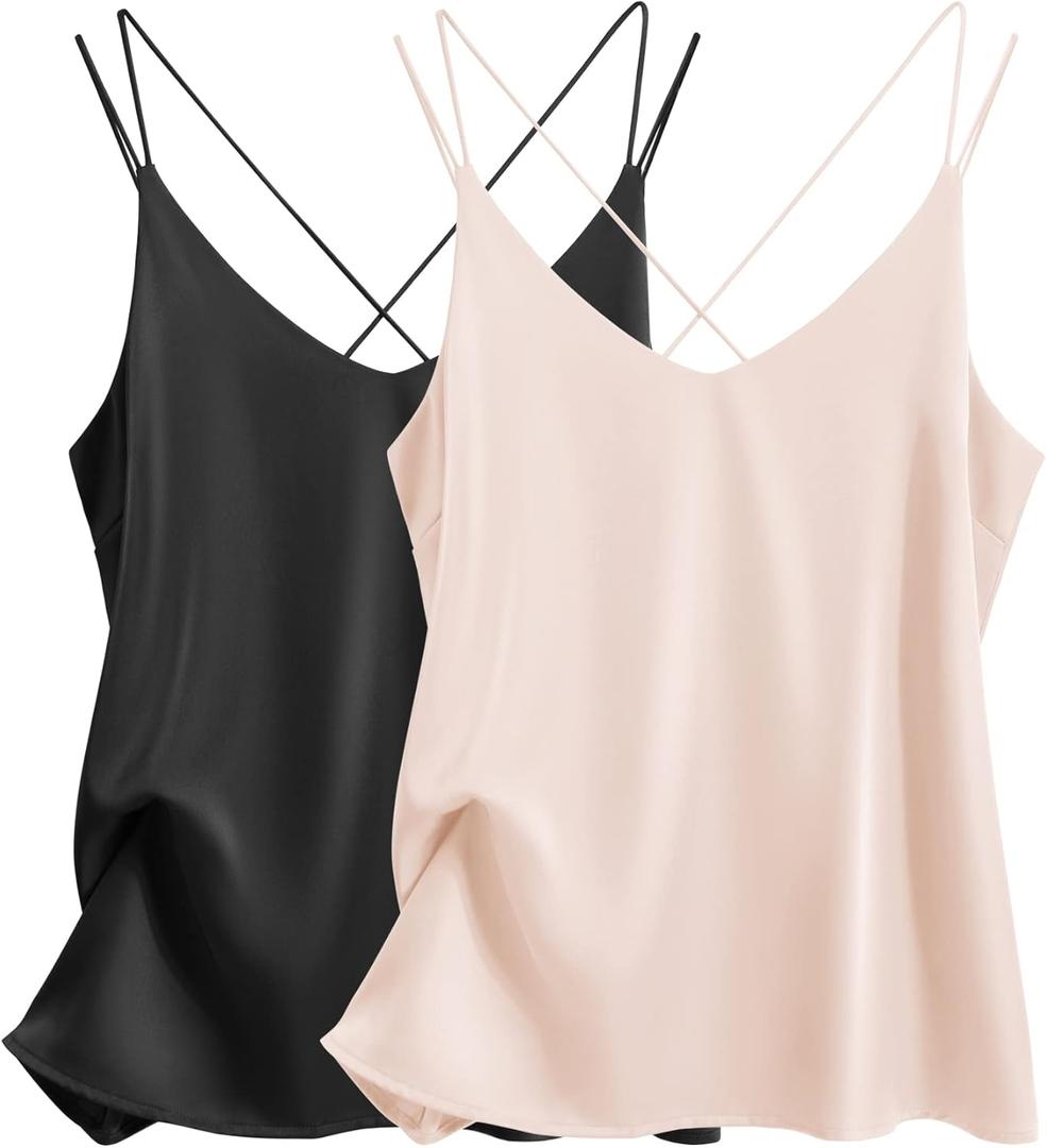 Ekouaer Womens Silk Satin Camisole Tank Tops V Neck Spaghetti Strap Blouses Cross Back Sleeveless Cami Shirt (Medium, Black+champagne)