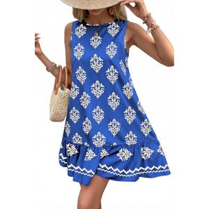 BLENCOT Womens Boho Dress Sleeveless Ruffle Mini Summer Vacation Casual Dresses (Blue, S)