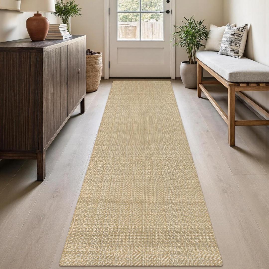 Washable Woven Hallway Runner Rug, 2x8 Natural Beige Cotton Rug Runners for Entryway Non-Slip Long Kitchen Mat, Modern Neutral Indoor Outdoor Throw Runner Carpet for Porch Potio