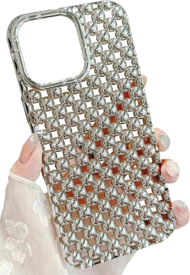 JANDM Hollow Out Compatible with iPhone 15 Pro Max Case, Fashion Silver 3D Beads Bubble Cut-Out Design,Glossy Chrome Electroplate Soft Silicone Glitter Shiny Women Girls Shockproof Cover