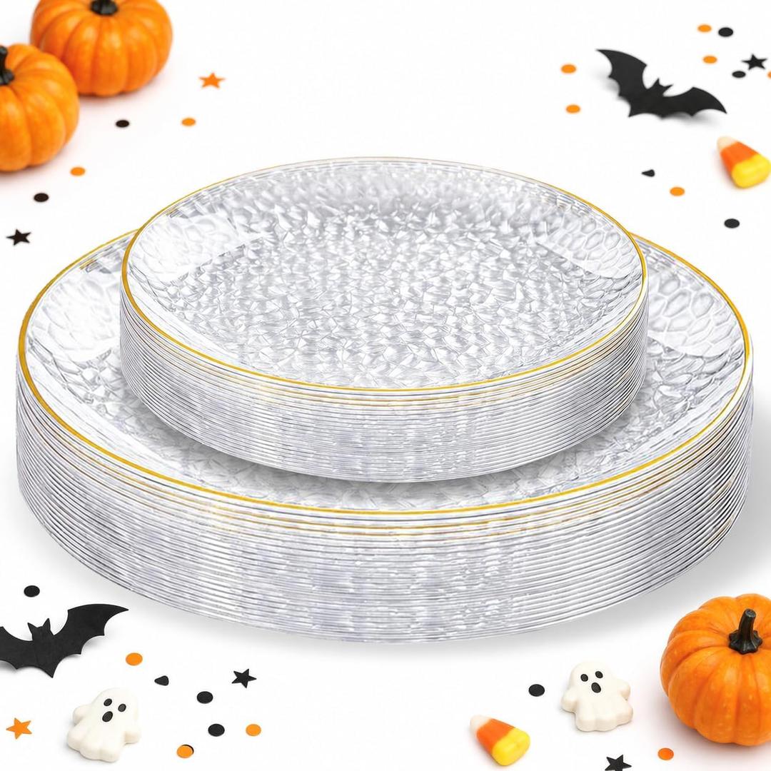 36Pcs Clear Plastic Plates, Hammered Plates Disposable Heavy Duty, Clear Disposable Plates With Gold Rim, Fancy Plastic plates Include 18 Dinner plate and 18 Dessert plate for Wedding