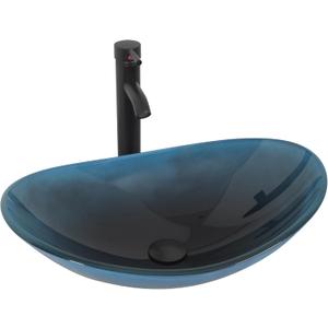 YOURLITE Bathroom Sink,Boat Shape Bathroom Glass Vessel Sink with Faucet and Pop-Up Drain Bowl Vessel Sinks for Bathrooms, Deep Blue