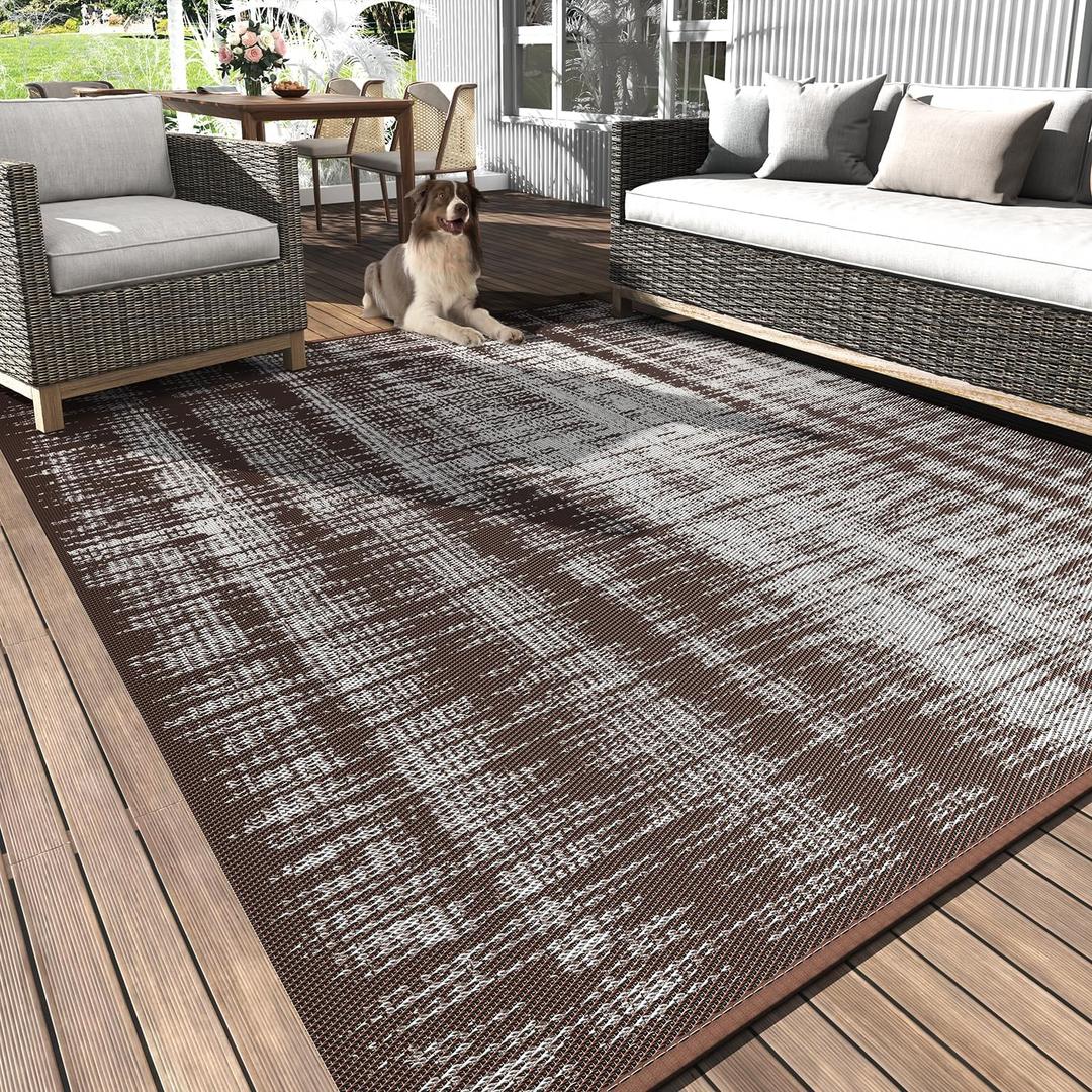 MontVoo Outdoor Rug Waterproof 5x8 ft Outdoor Carpet Patio Rug Mat Reversible RV Camping Rug Plastic Straw Outside Rug for Balcony Porch Deck Picnic Beach Modern Beige Brown