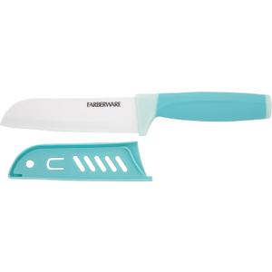Farberware Ceramic 5- Inch Santoku Knife with Custom-Fit Blade Cover, Razor-Sharp Kitchen Knife with Ergonomic, Soft-Grip Handle, Dishwasher-Safe, 5-inch, Aqua