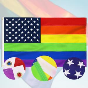 USA Rainbow Flag 3x5 FT, American Gay Pride Flag with Heavy Duty Embroidered Stars and Brass Grommets, Vibrant Color (Not Print), UV Fade Resistant, US LGBTQ Flags for Peace/Equality/Pride