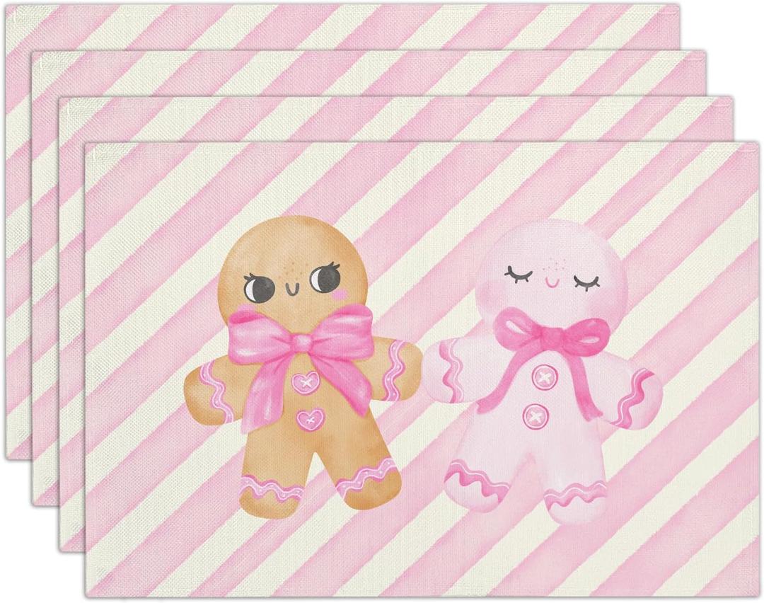 Gingerbread Candy Christmas Placemats for Dining Table, Pink Cotton Linen Table Mats Set of 4, 12x18 Inch Seasonal Winter Christmas Holiday Kitchen Party Decor Home Decoration -14