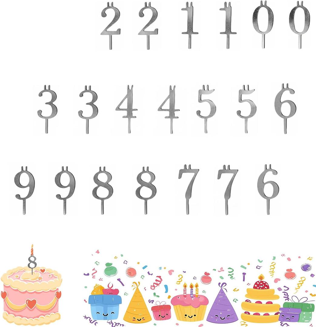 Reusable Number Birthday Candle Holder Set - Birthday Cake Candle Holders Set, 09 Digital Cake Candle Holders, Silver Metal Number Cake Toppers for Holiday Celebrations and Birthday Parties (2 Sets)