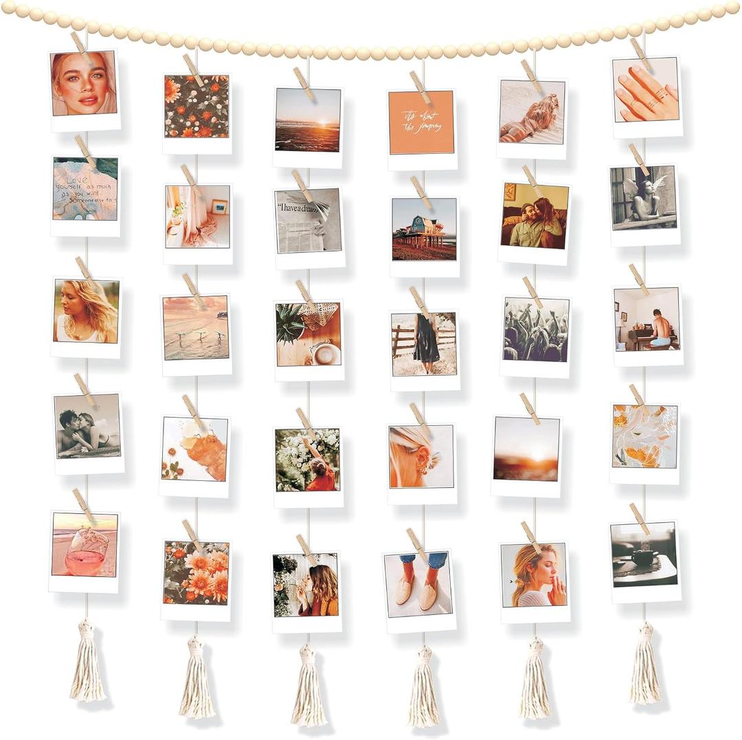 Hanging Photo Display with Clips Wall Boho Decor Beads Garland - Sculptural Picture Frames Collage - 30 Clothespins - 2 Non-Trace Hook - No Holes Drilling - 45 x 45 inch