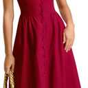 RIHOAS Casual Dresses for Women Short Sleeve Square Neck Midi Dress | Elegant,Botton,Puff Sleeve,A-Line,Cotton linen,Church,Vacation,Semi Formal,Beach,Retro,X Cross,Summer (Red, M)