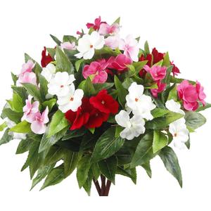 4 Pcs Artificial Impatiens Flowers for Outdoors Faux Impatiens Bushes Multicolor Silk Flowers Greenery Artificial Impatiens Bouquet for Patio Lawn Garden Pot Hanging Basket Porch Decoration