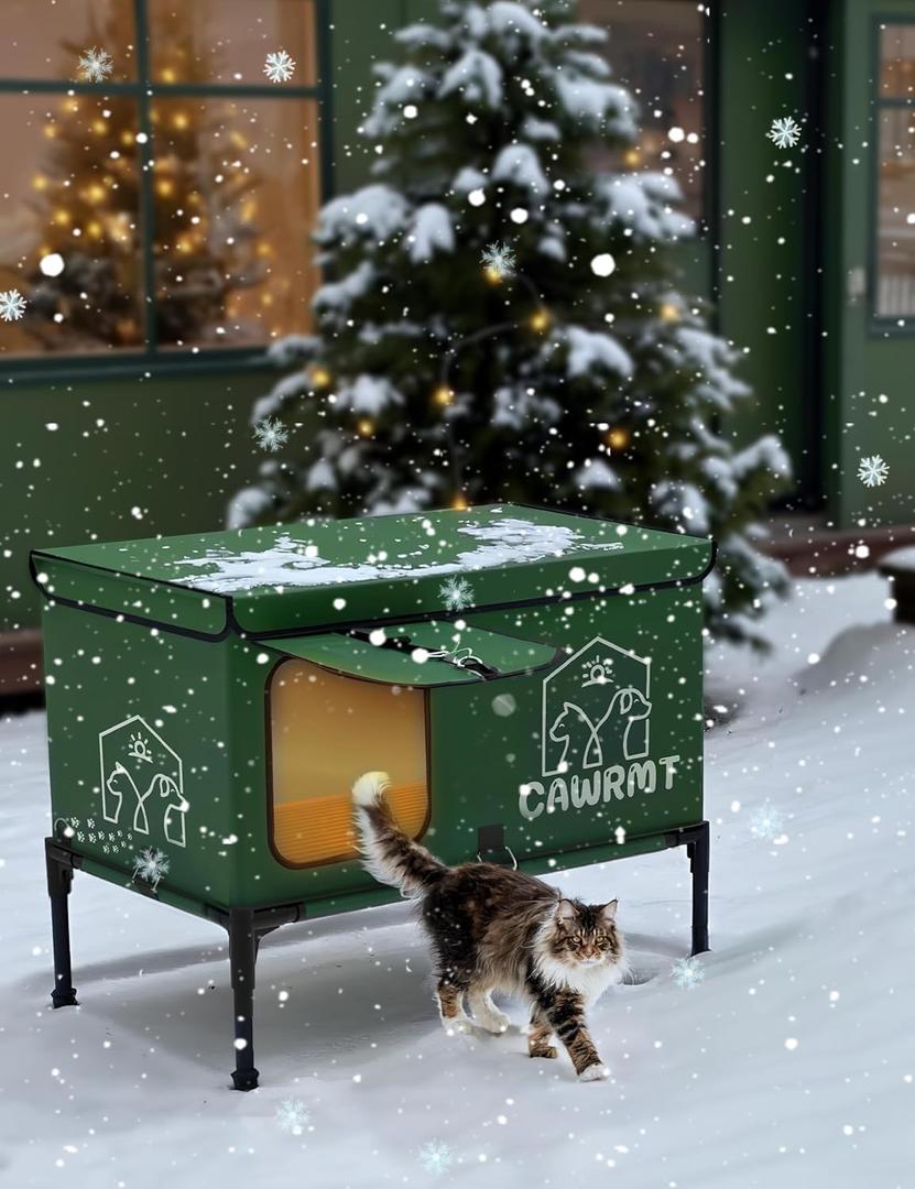 Outdoor Heated Cat House, Detachable Feral Cats House with Open Window, Weatherproof in Winter, Cat Shelter with Pet Heating Pad (Green, Medium)